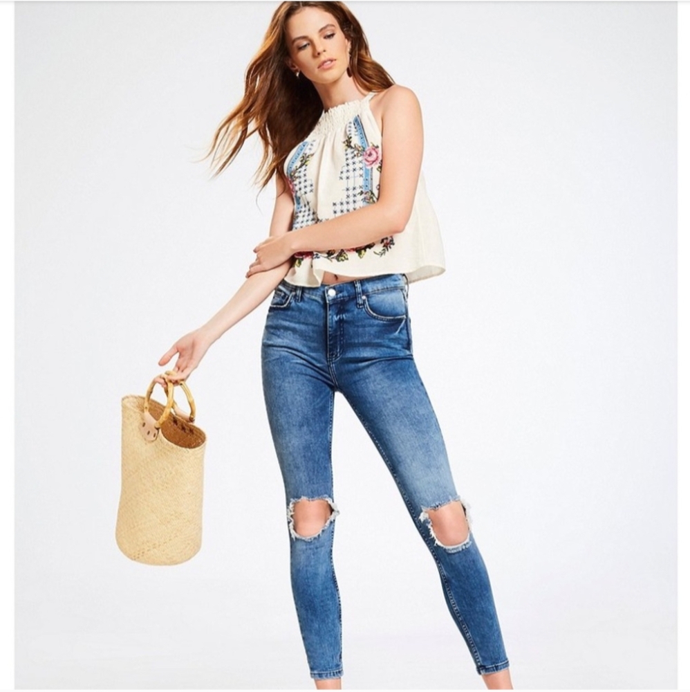 Free People Jeans Size 24 Blue Distressed  High Waist Skinny Long 5 Pockets Boho